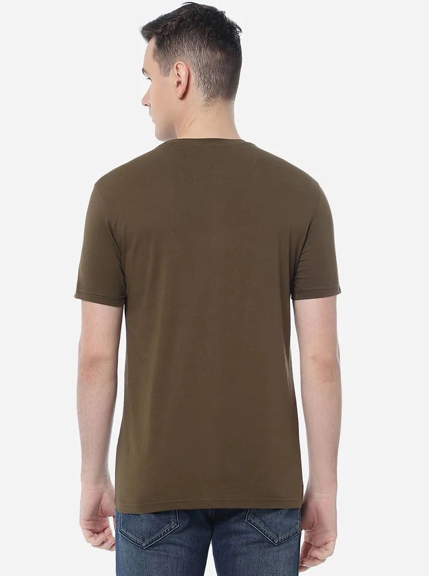Olive Brown Printed Slim Fit T-Shirt | Greenfibre