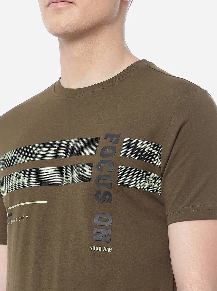 Olive Brown Printed Slim Fit T-Shirt | Greenfibre
