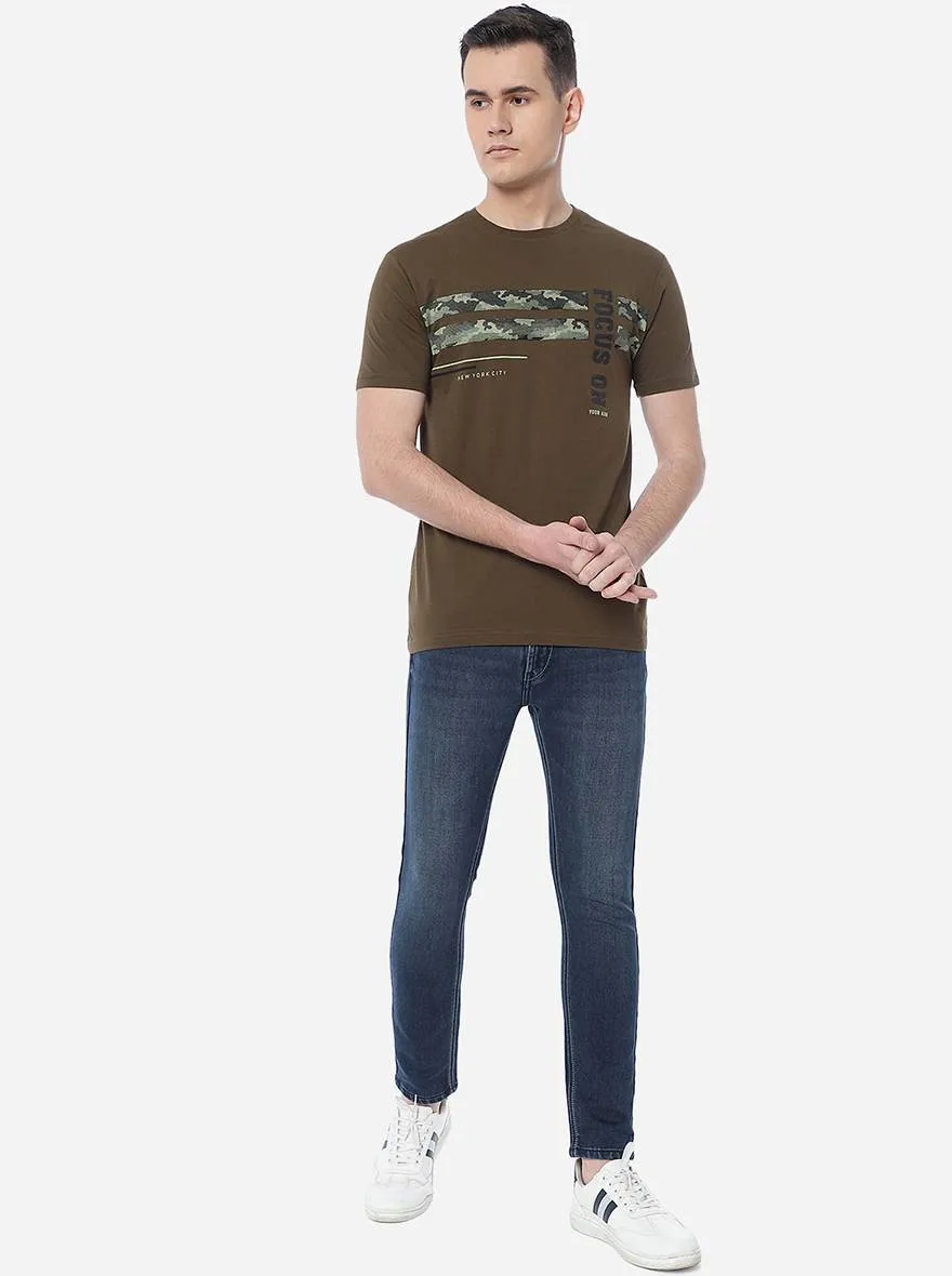 Olive Brown Printed Slim Fit T-Shirt | Greenfibre