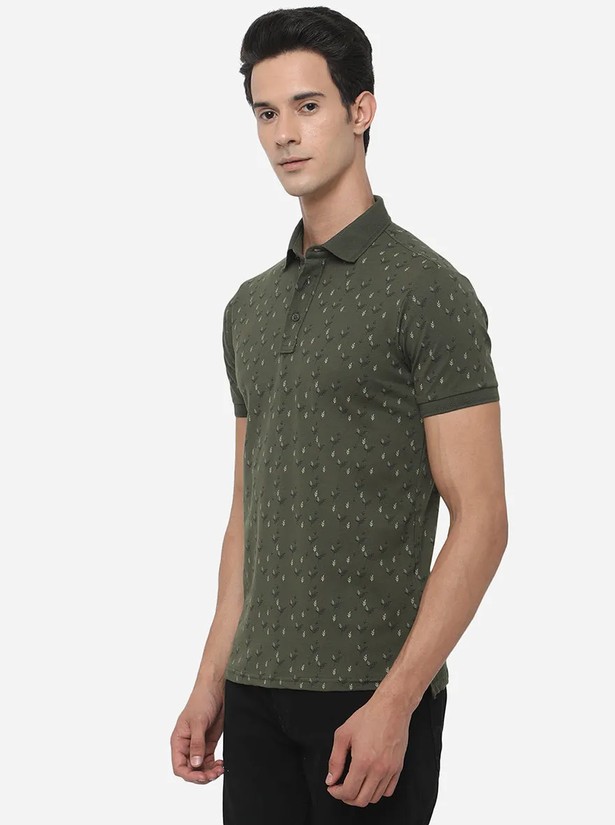 Olive Green Printed Slim Fit Polo T-Shirt | JadeBlue