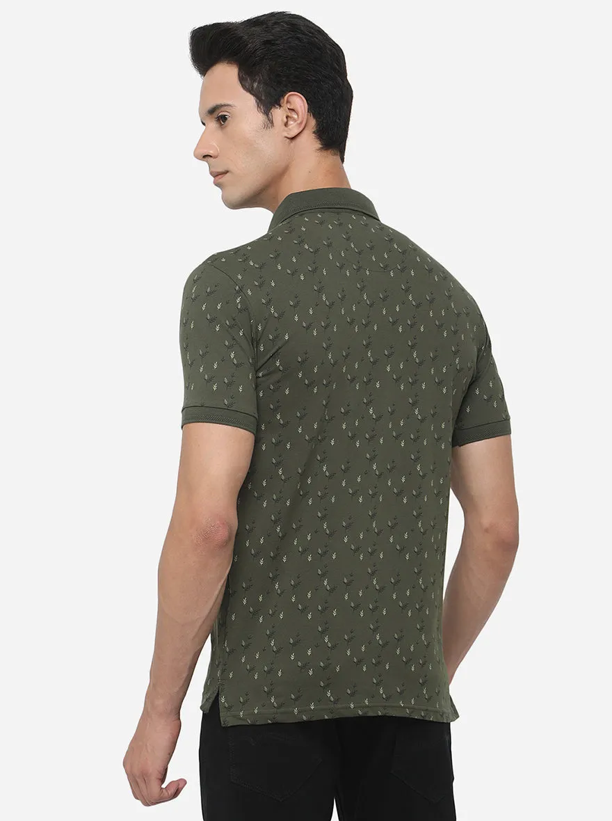 Olive Green Printed Slim Fit Polo T-Shirt | JadeBlue