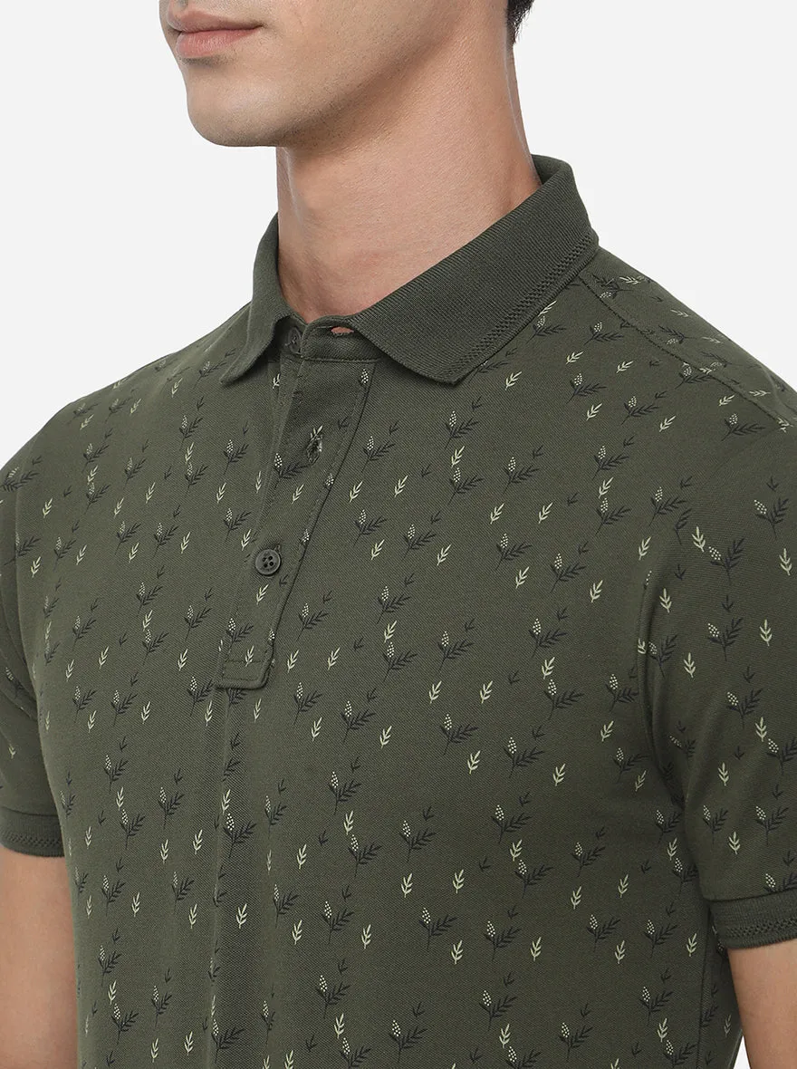 Olive Green Printed Slim Fit Polo T-Shirt | JadeBlue