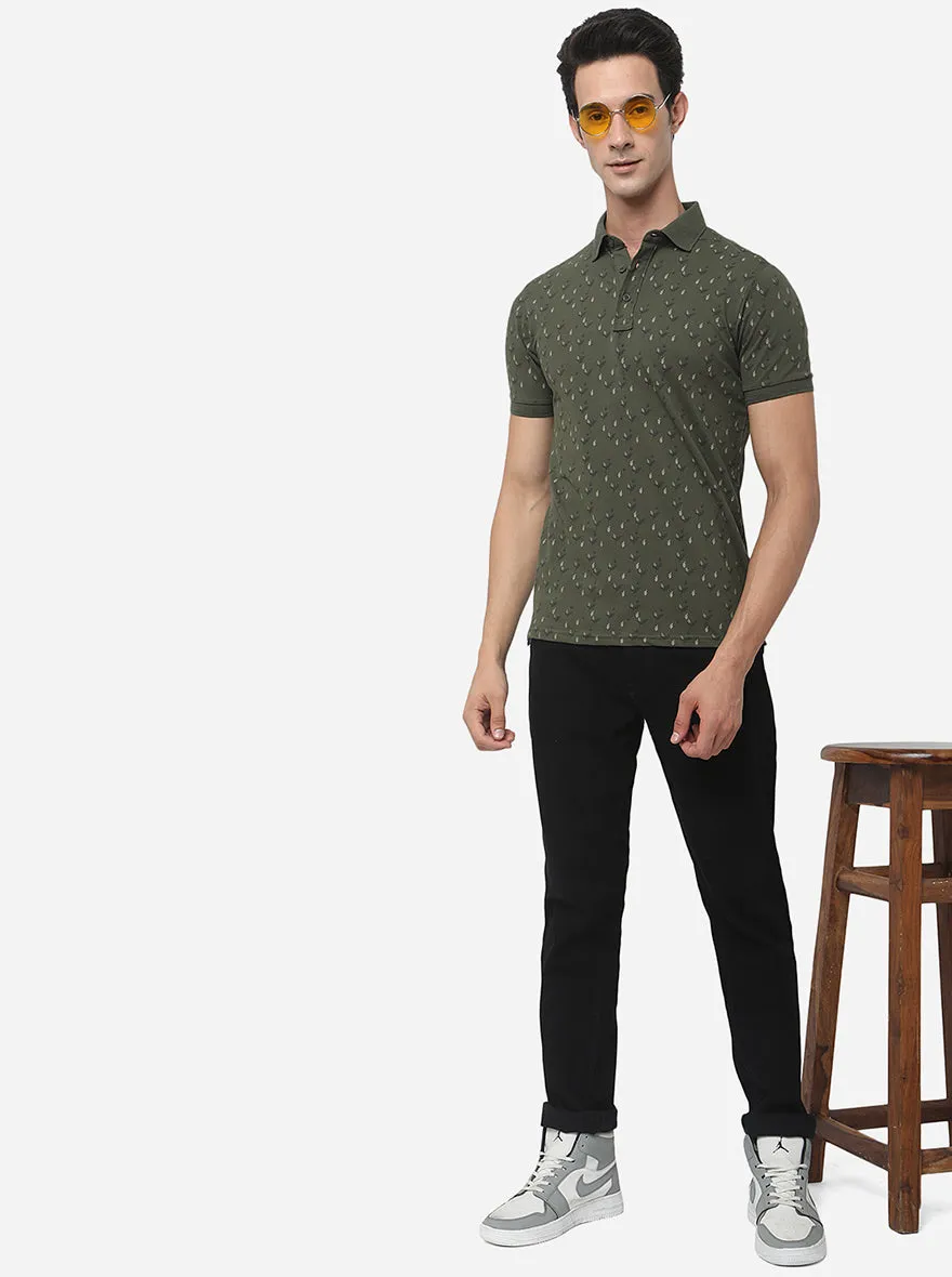 Olive Green Printed Slim Fit Polo T-Shirt | JadeBlue