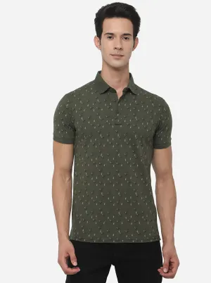 Olive Green Printed Slim Fit Polo T-Shirt | JadeBlue