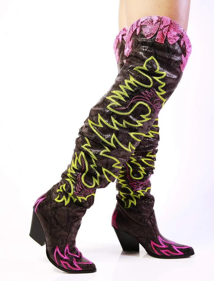 Pink Snake Multi Slouchy Thigh High Cowgirl Boot