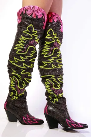 Pink Snake Multi Slouchy Thigh High Cowgirl Boot