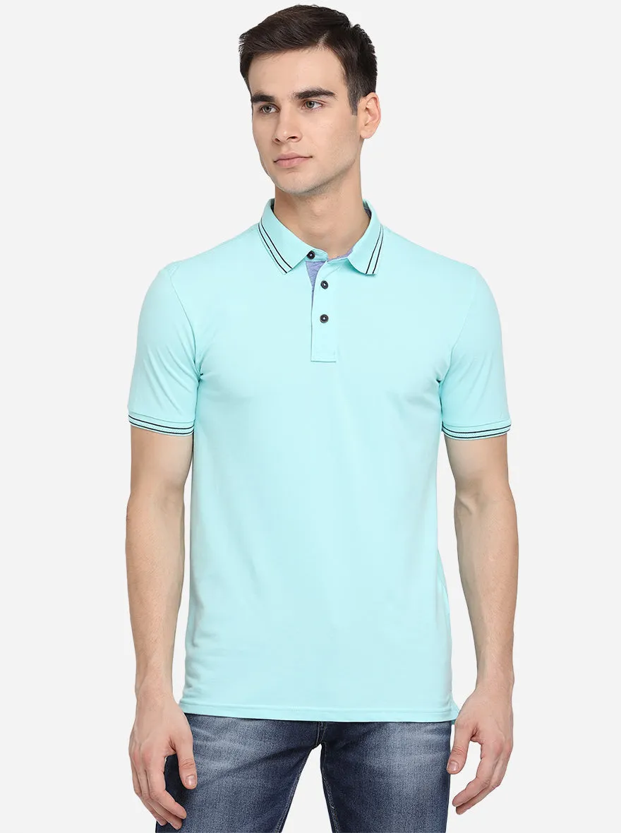 Sky Blue Solid Slim Fit Polo T-Shirt | JadeBlue