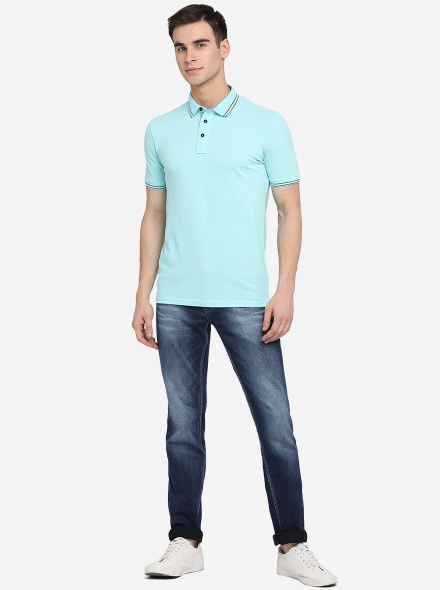 Sky Blue Solid Slim Fit Polo T-Shirt | JadeBlue