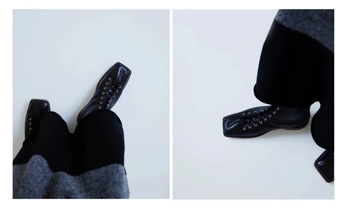 Square Toe Lace-Up Flat Boots