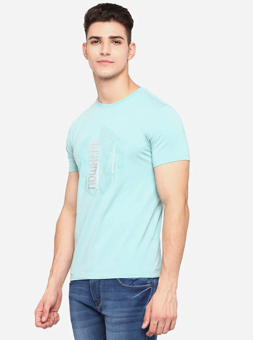 Turquoise Blue Printed Slim Fit T-Shirt | JadeBlue
