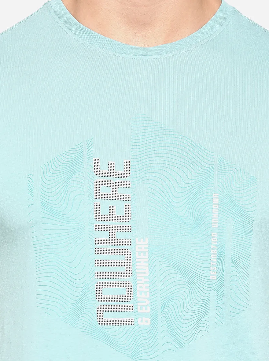 Turquoise Blue Printed Slim Fit T-Shirt | JadeBlue