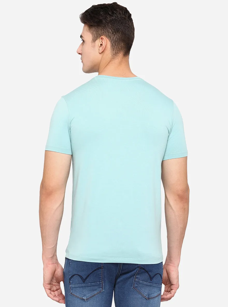 Turquoise Blue Printed Slim Fit T-Shirt | JadeBlue
