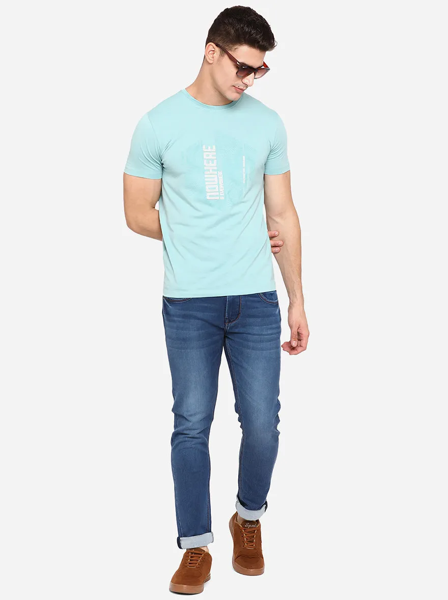 Turquoise Blue Printed Slim Fit T-Shirt | JadeBlue