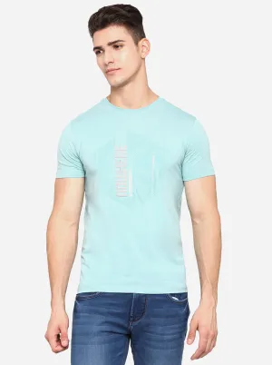 Turquoise Blue Printed Slim Fit T-Shirt | JadeBlue
