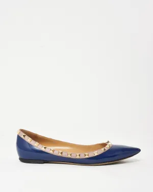 Valentino Blue Patent Leather Beige Trim Rockstud Pointed Toe Flats - 35.5