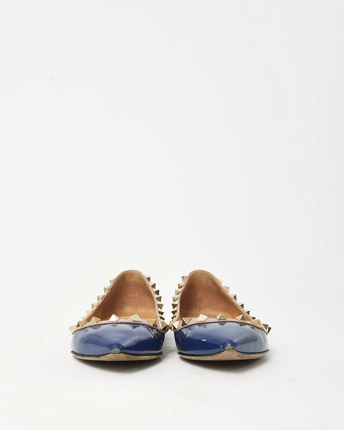 Valentino Blue Patent Leather Beige Trim Rockstud Pointed Toe Flats - 35.5
