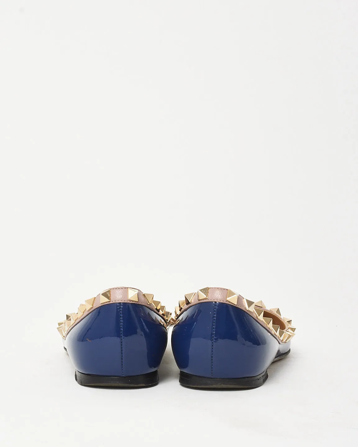 Valentino Blue Patent Leather Beige Trim Rockstud Pointed Toe Flats - 35.5
