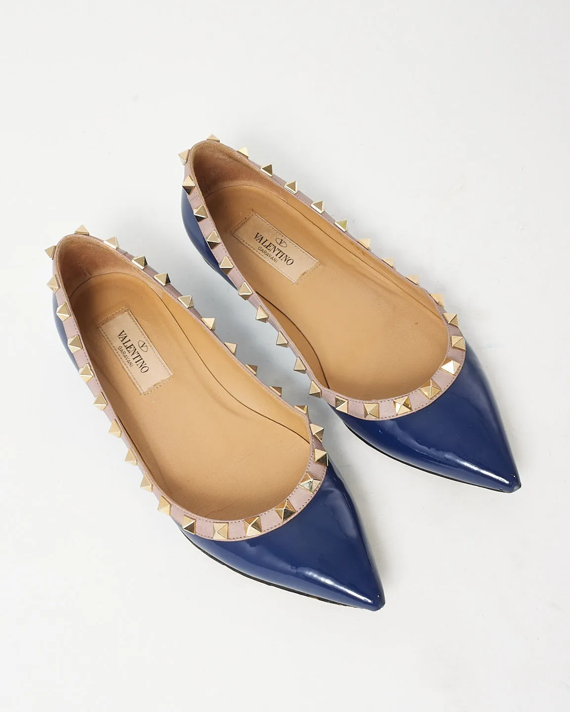 Valentino Blue Patent Leather Beige Trim Rockstud Pointed Toe Flats - 35.5