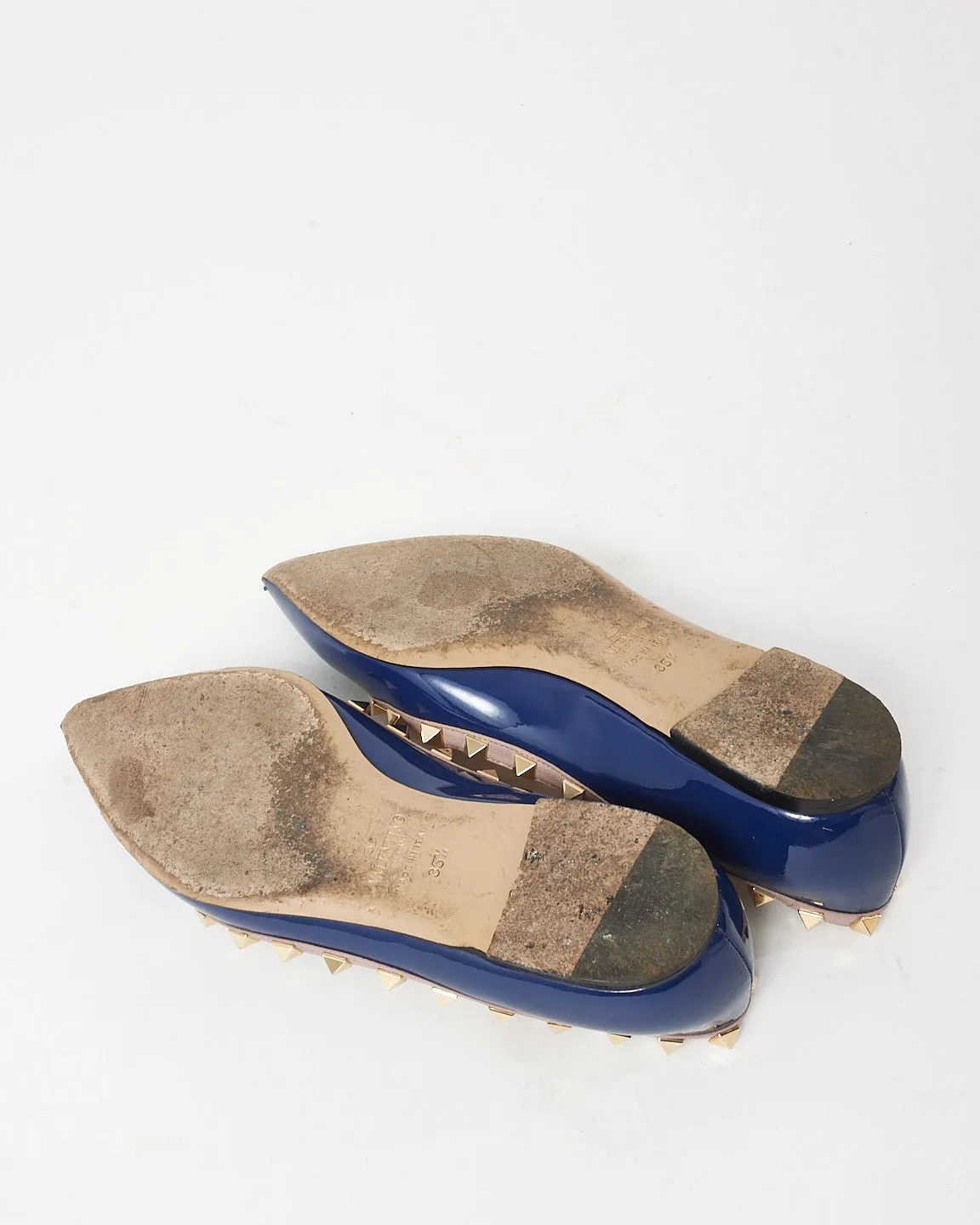 Valentino Blue Patent Leather Beige Trim Rockstud Pointed Toe Flats - 35.5