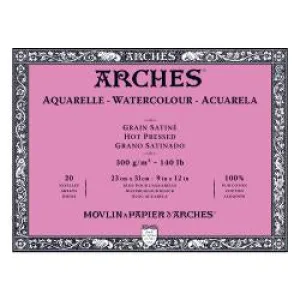 Watercolour Paper - BLOCK - ARCHES Aquarelle -  SATINE (HOT PRESSED / SMOOTH)  140 lb/ 300 gsm WHITE  23 x 31 cm, 9 x 12",