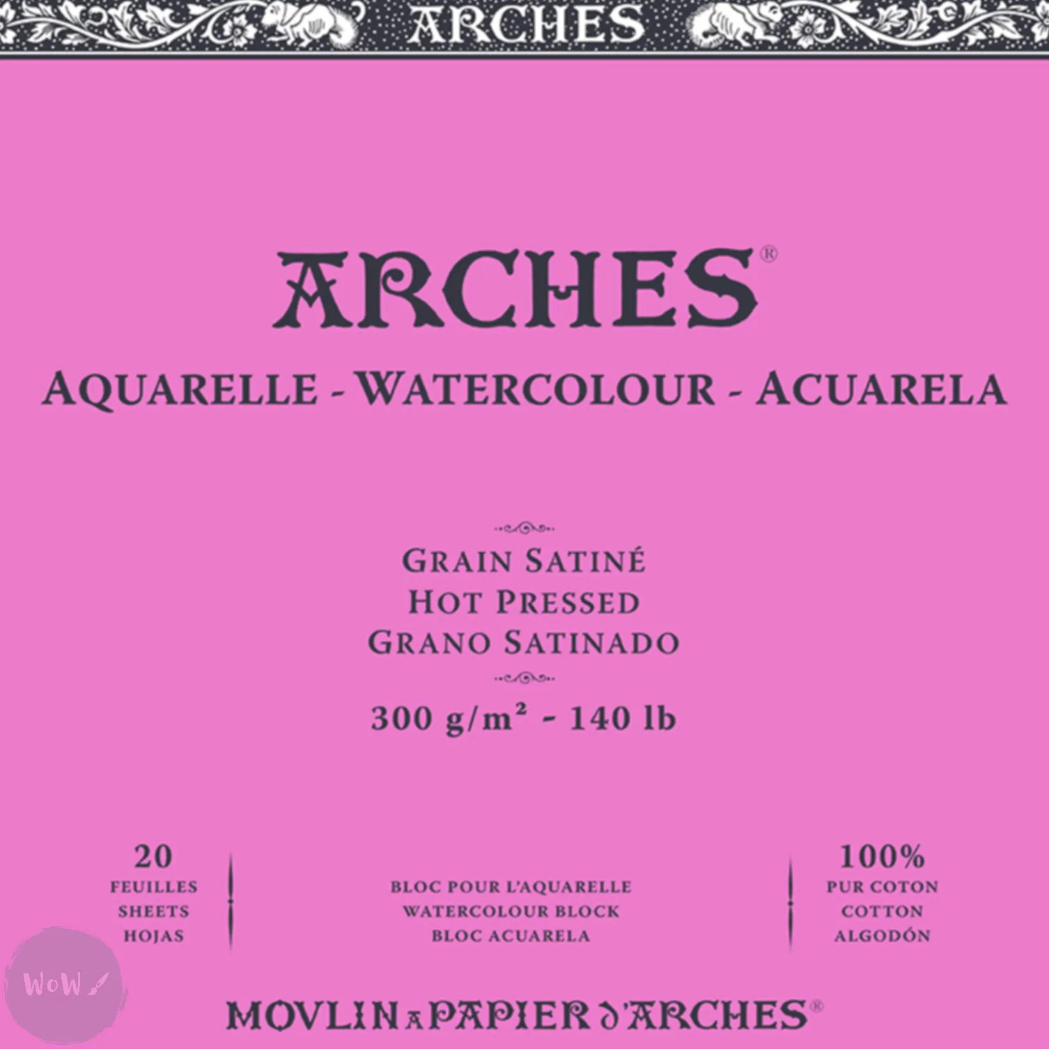 Watercolour Paper - BLOCK - ARCHES Aquarelle -  SATINE (HOT PRESSED / SMOOTH)  140 lb/ 300 gsm WHITE  23 x 31 cm, 9 x 12",