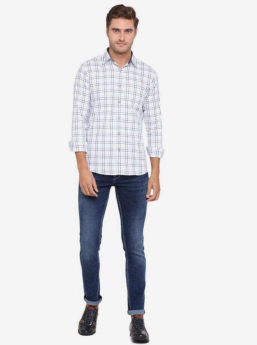 White & Blue Checked Slim Fit Casual Shirt | JadeBlue