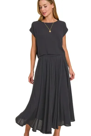 Woven Crinkle Gauze Crop Tee and Skirt Set
